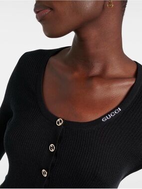Gucci Black Ribbed Scoop-Neck Cardigan with Gold GG Buttons